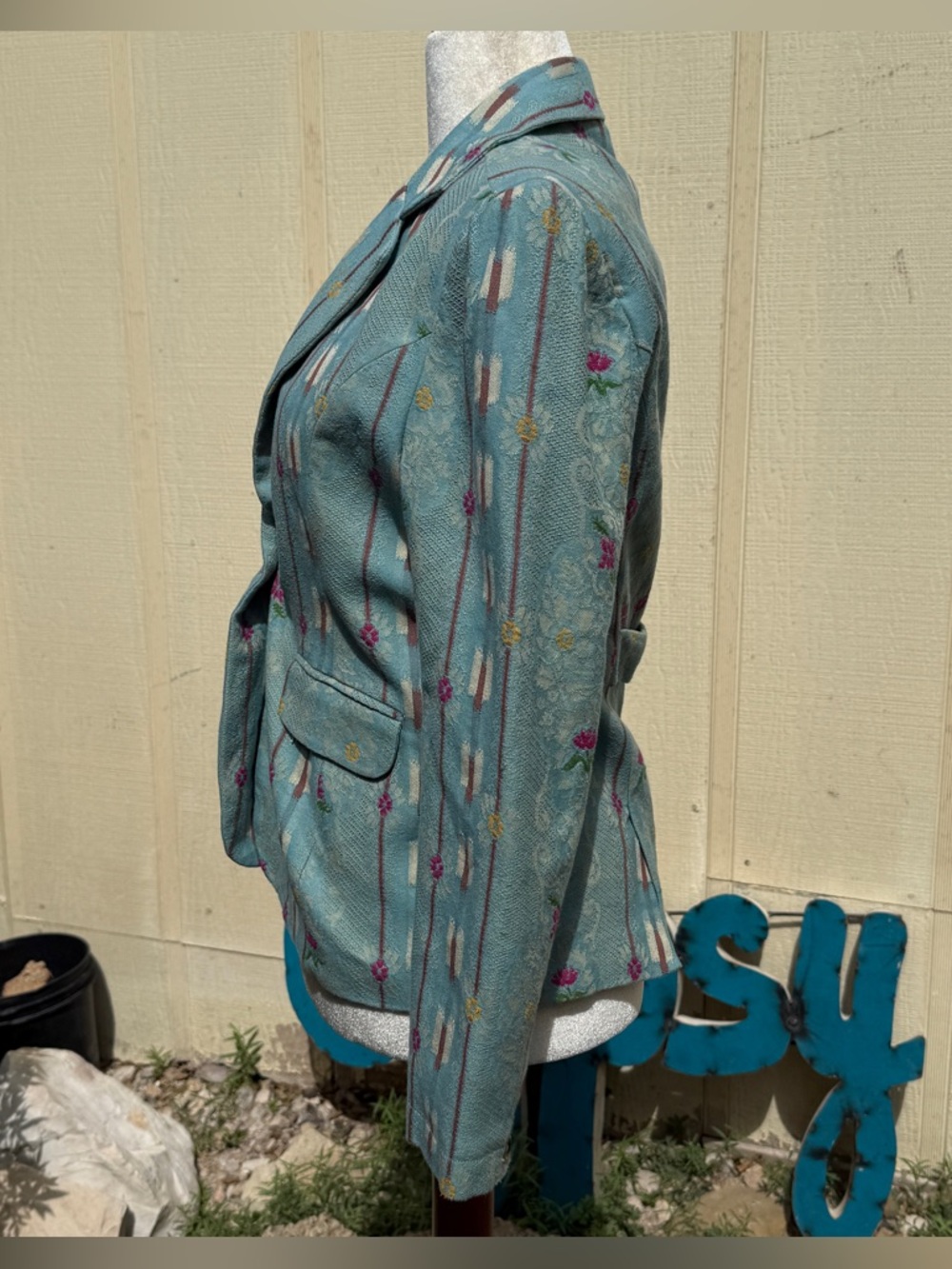 Sundance Blue Jacquard Pattern Print Button Front Blazer Jacket Boho - Picture 3 of 5